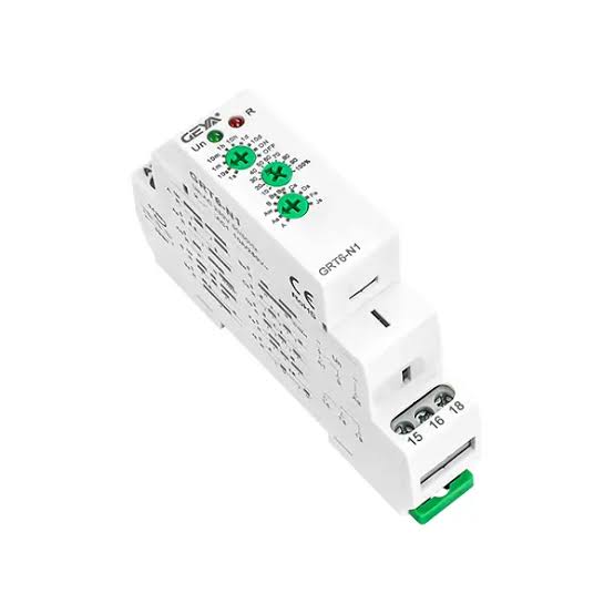 Time delay relay unit mounted on a DIN rail with visible timing adjustment dial and clear terminal markings